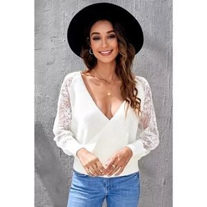 LAST ONE! Plus Size BAILEY White V Neck Sweater With Lace Sleeves